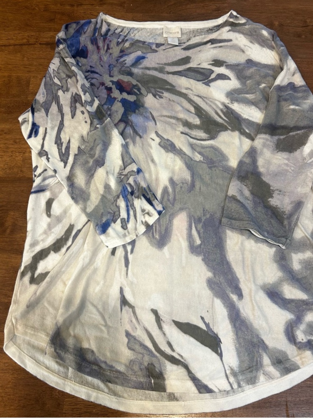 Chico's White Pullover with Blue & Gray Floral Watercolor Print